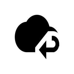 Black cloud with an arrow pointing downwards and then curving upwards, suggesting data upload process