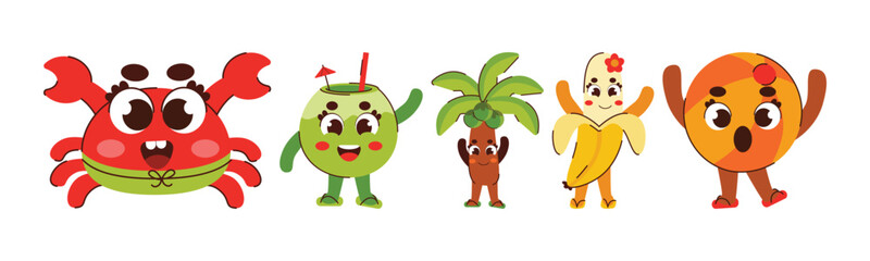 A vibrant illustration showcases several cute and cheerful fruit cartoon characters including a crab, coconut, palm tree, banana and orange, perfect for children's designs.