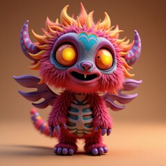 A colorful, cartoonish creature with large eyes and spiky fur, combining whimsical features and vibrant colors, evoking a sense of playfulness and fantasy.