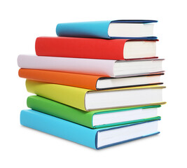 Stack of colorful books on white background