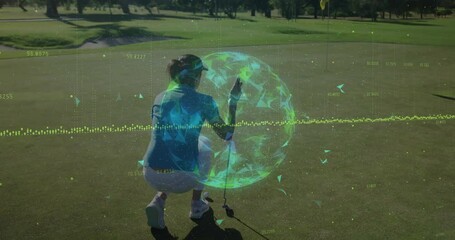 Mature female golfer crouching on putting green, merging golf analytics using floating data sphere - Powered by Adobe