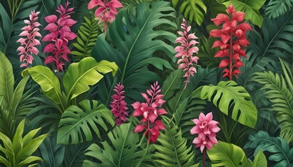 A captivating depiction of tropical flowers and diverse foliage, a vibrant jungle scene.