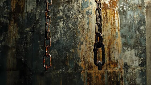 old, rusty chains hanging against weathered wall, perfect for illustrating industrial decay