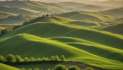 A breathtaking vista of rolling green hills under a warm, golden sunset sky.