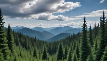 Spectacular vista reveals layers of forested mountains under a bright blue sky filled with clouds.