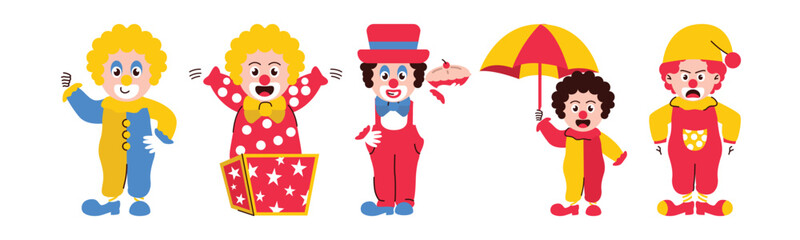 A delightful collection of cartoon clowns, each with unique characteristics, poised for a fun-filled circus performance or a lively party.