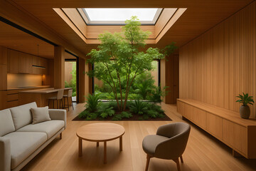 Fototapeta premium Biophilic Living Room with Indoor Tree and Natural Wood Finishes. Japandi Style Open Space with Skylight, Indoor Garden and Light Wood Furniture... Home Decor.