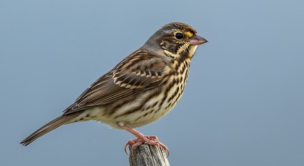 Fototapeta premium Portrait of a song sparrow perched on a wooden post in a natural setting