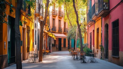 Fototapeta premium Vibrant Spanish Street Scene: Colorful Buildings and Outdoor Cafe