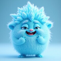 Obraz premium A cute, fluffy blue creature with spiky fur and a cheerful expression, set against a light blue background.