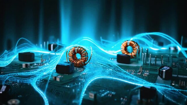Simulated magnetic field lines CPU&rsquo;s power circuitry, aurora pulses computation activity. Particle fields shaped magnetic flux, colors match CPU load, super-macro shots inductors capacitors glowing