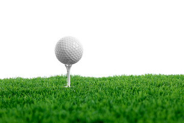 Golf ball, tee and green grass against white background