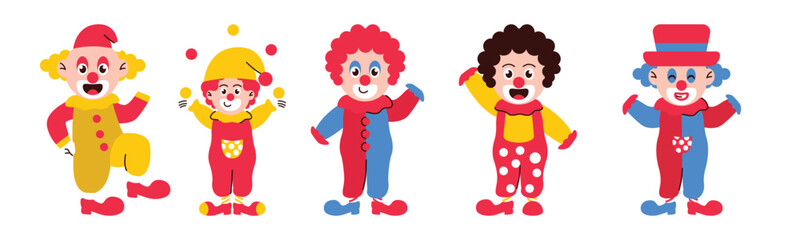 Cheerful cartoon illustration showcasing a group of clowns in vibrant costumes, perfect for adding a playful touch to any project.