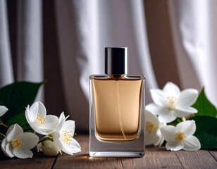 3d mockup of perfume bottle with golden cream colored wall and curtain background, and scatt 