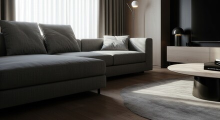 Fototapeta premium Modern Living Room Interior with Gray Sofa and Minimalist Decor