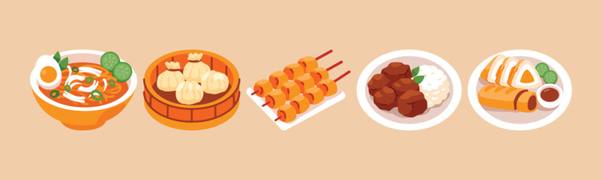 Illustration of assorted Asian dishes including noodle soup, dim sum, satay skewers, meatballs with rice, and spring rolls. Represents Asian culinary diversity.