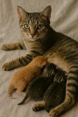 Fototapeta premium Mother Cat Nursing Her Three Adorable Kittens