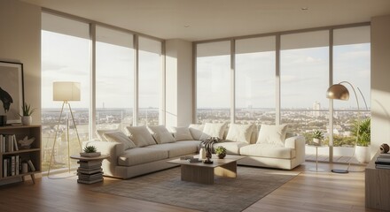 Fototapeta premium Living Room Interior with Large Windows and City View