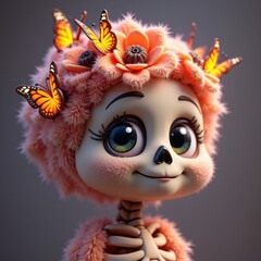 A vibrant, whimsical character with a skeleton face, adorned with colorful flowers and butterflies, exudes a cheerful and artistic vibe.