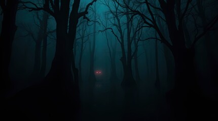 Mysterious, shadowy forest path illuminated by a faint light.