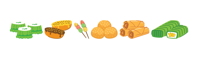 A cheerful collection of delightful asian snacks and desserts, perfect for illustrating culinary themes or representing tasty treats in graphic designs.