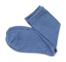 Pair of blue socks isolated on white, top view