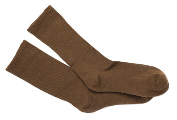 Pair of brown socks isolated on white, top view