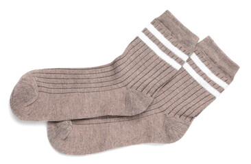 Pair of brown socks isolated on white, top view