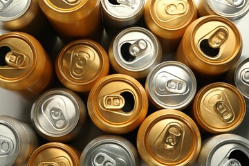 Many different tin cans as background, top view