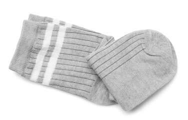 Pair of grey socks isolated on white, top view