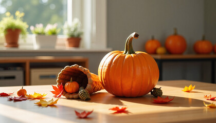 Pumpkin and Cornucopia Arrangement with Fall Leaves in Cozy Room  