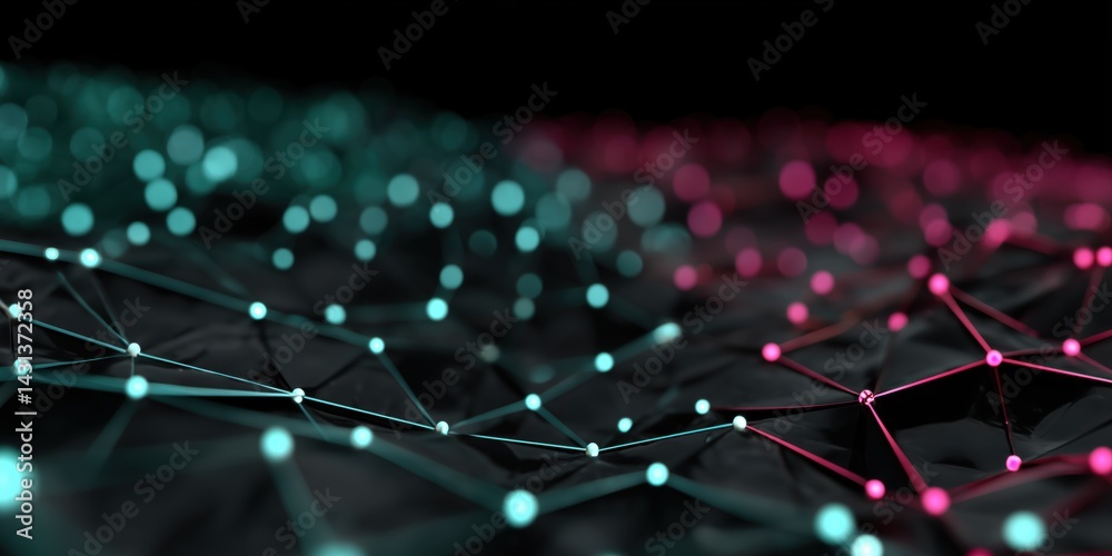 Wall mural digital grid formed from interconnected polygonal shapes with glowing nodes