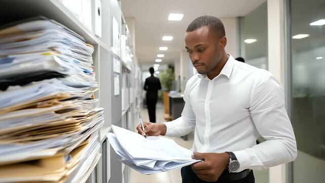 1_Accountant cross-checking invoices in a busy filing room