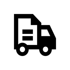 Illustration of a black delivery truck with a white cargo area and two wheels on a white background