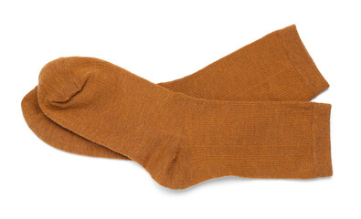 Pair of brown socks isolated on white, top view