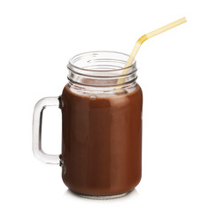 Tasty chocolate milk in glass mason jar isolated on white