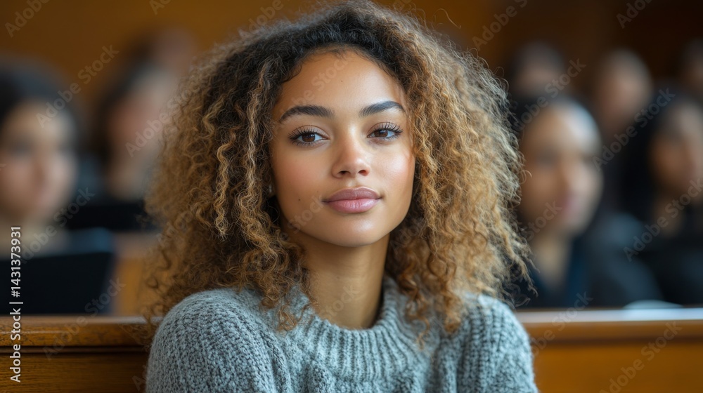 Poster a young woman with curly hair sits attentively in a classroom full of students. she appears engaged 