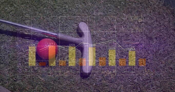 Metallic croquet mallet lying diagonally on green grass while data charts animating around red ball