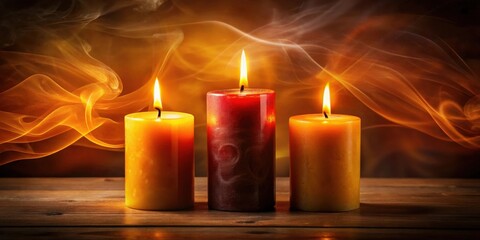 Illuminated Cylindrical Candles with Amber and Crimson Hues, Enveloped in a Mystical, Swirling Smoke