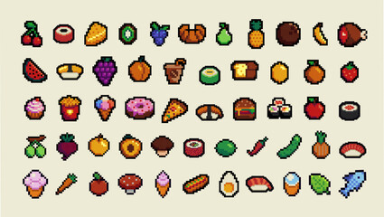 Pixel Art Fast and Street Food Collection. Mega Set of Asian, Korean, Japanese and American Ready and Delicious Meals. 8 bit Retro Style Fast Food Pixels. Burgers, Pastry, Sauces, Cakes, Sandwiches.