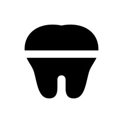 Illustration of a stylized tooth with a distinct root and crown in solid black on a white background