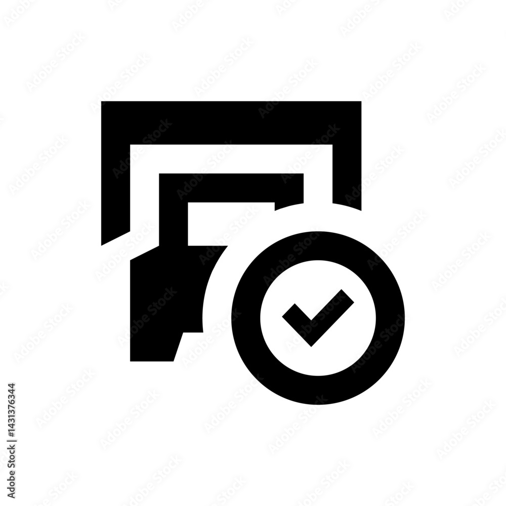 Poster black and white icon showing overlapping squares with a checkmark inside a circle on the right side