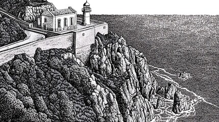 Fototapeta premium Dense Crowd Descending Steep Slope Toward Building in High Contrast Black and White