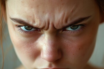 Fototapeta premium Intense expression of caucasian female teen with freckles and furrowed brow