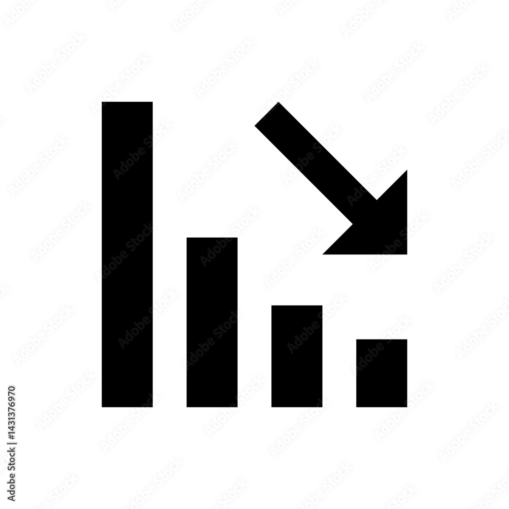 Poster black arrow pointing down towards a bar graph with decreasing values on a white background design