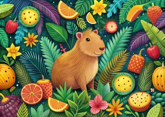 Adorable Capybara with Tropical Fruits: South American Mammal Wallpaper Pattern