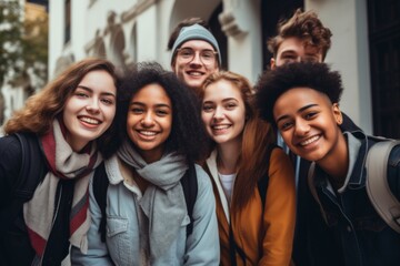 Obraz premium Portrait of a smiling diverse group of students infornt of university in usa