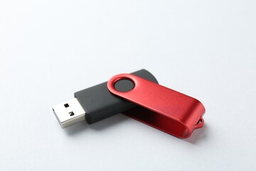 One flash drive on white background, closeup