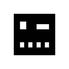 Black rectangle containing five white shapes including squares and a rectangle on a white background