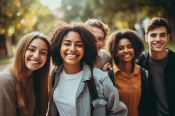 Portrait of a smiling diverse group of students infornt of university in usa